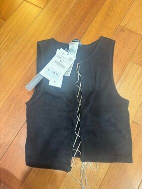 Zara Black Ribbed Lace-Up Tank with Silver Detail